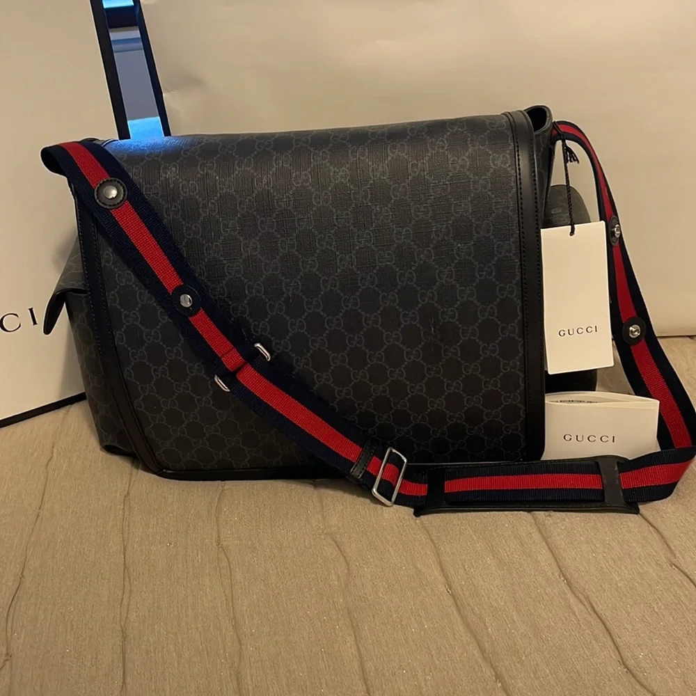 Gucci Black GG Messenger Baby Bag with Red and Navy Web Strap